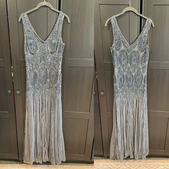 Pisarro Nights Beaded Formal Gown Women’s Sz 8 Medium Dark Grey Event Wedding - Picture 3 of 7